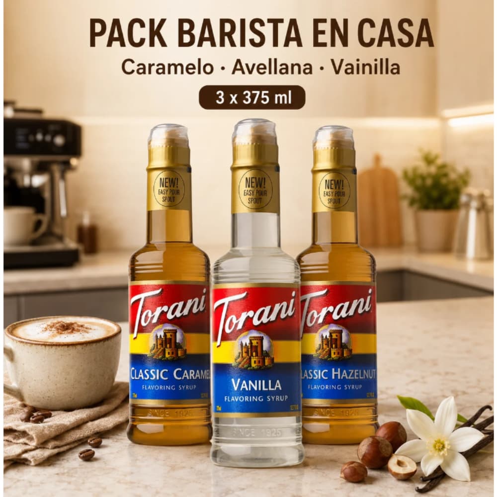 Kit Torani Barista: Trío Clásico de Caramelo, Avellana y Vainilla (375 ml)