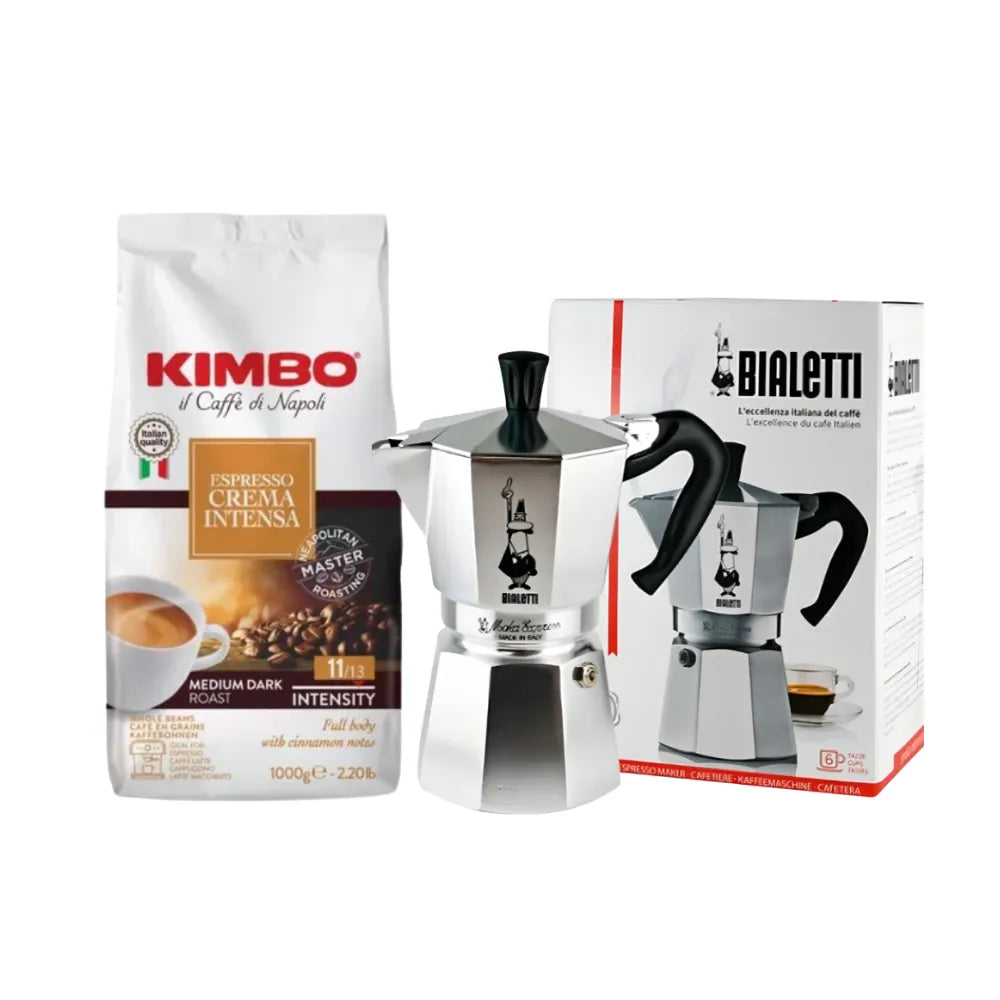Pack Cafetera Bialetti 6Tza + Café Kimbo Crema Intensa Grano 1Kg